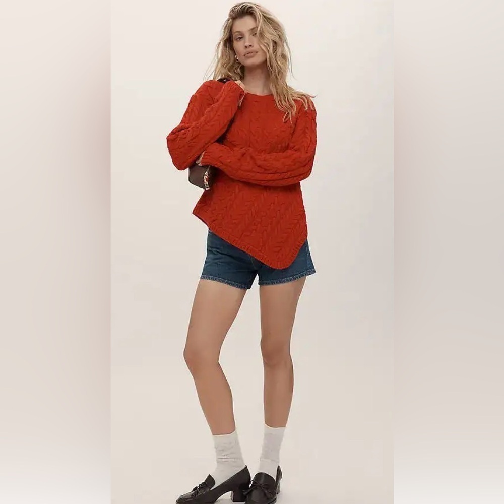 Maeve By Anthropologie Crewneck Asymmetrical Red Cable Knit Sweater - XS